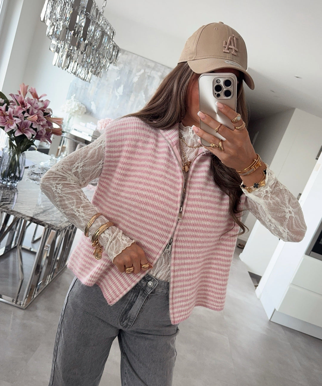 Kurzarm Strickjacke Vania Streifen Rosa