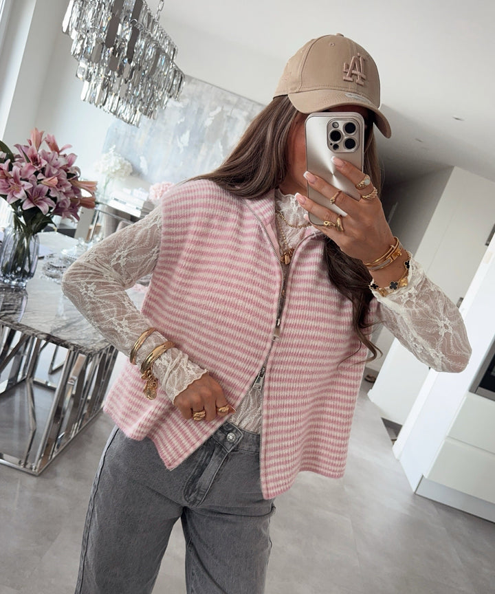 Kurzarm Strickjacke Vania Streifen Rosa