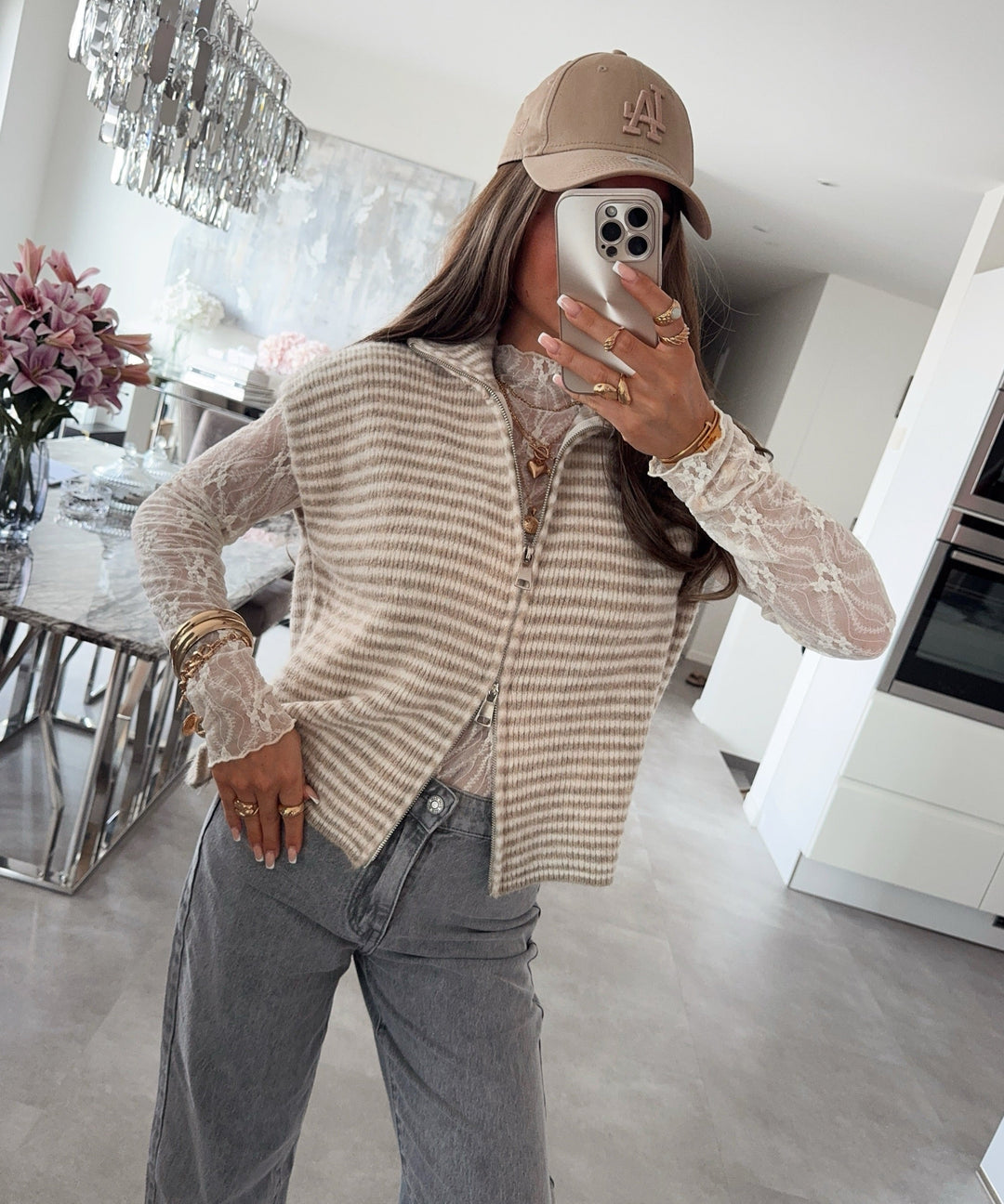 Kurzarm Strickjacke Vania Streifen Beige Ladypolitan ♡