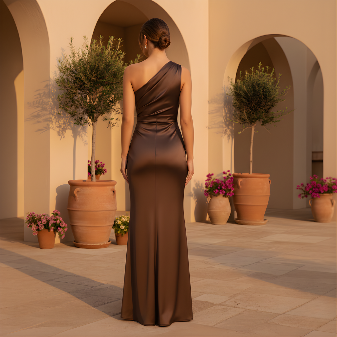 Isabella – One Shoulder Chocolate Brown Satin Evening Maxi Dress - Image 5