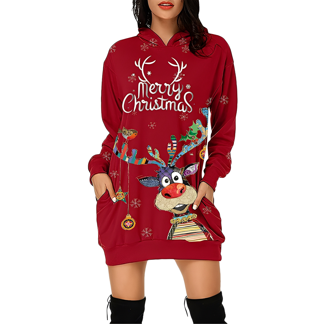 Georgia - Stilvolles Weihnachtskleid mit Kapuze für Damen mit Print