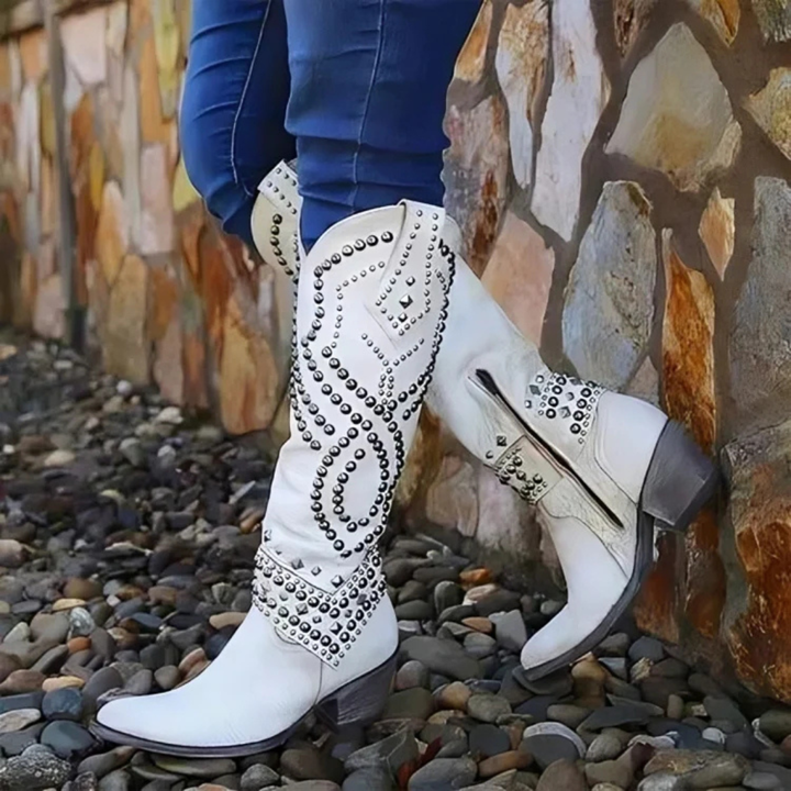 Lara | Damen Kniehohe Nieten Blockabsatz Stiefel