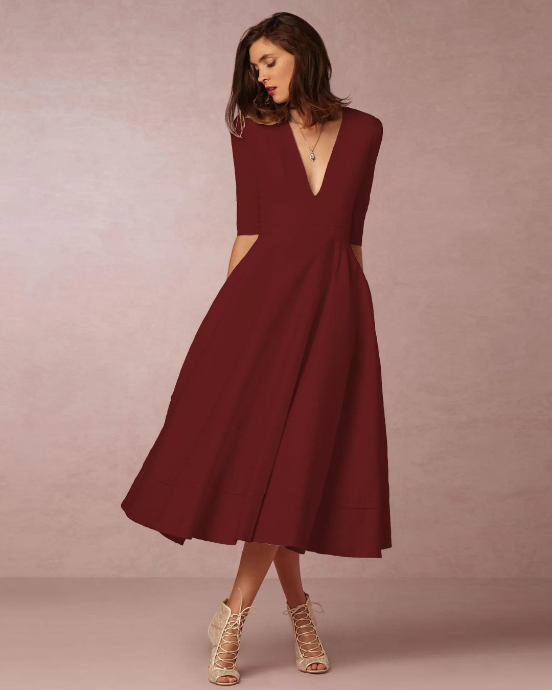 Damen Abend V-Ausschnitt Maxi Kleid