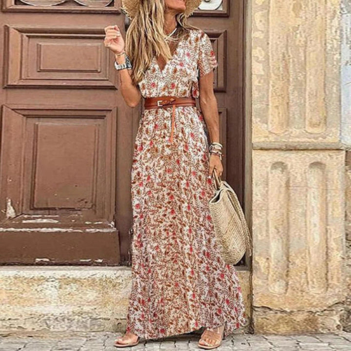 Maxikleid Damen Boho Blumenmuster V-Ausschnitt