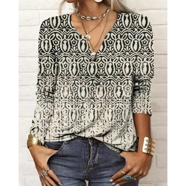 Katharina - Mehrfarbige Bluse im Boho-Stil, langärmelig und mit V-Ausschnitt