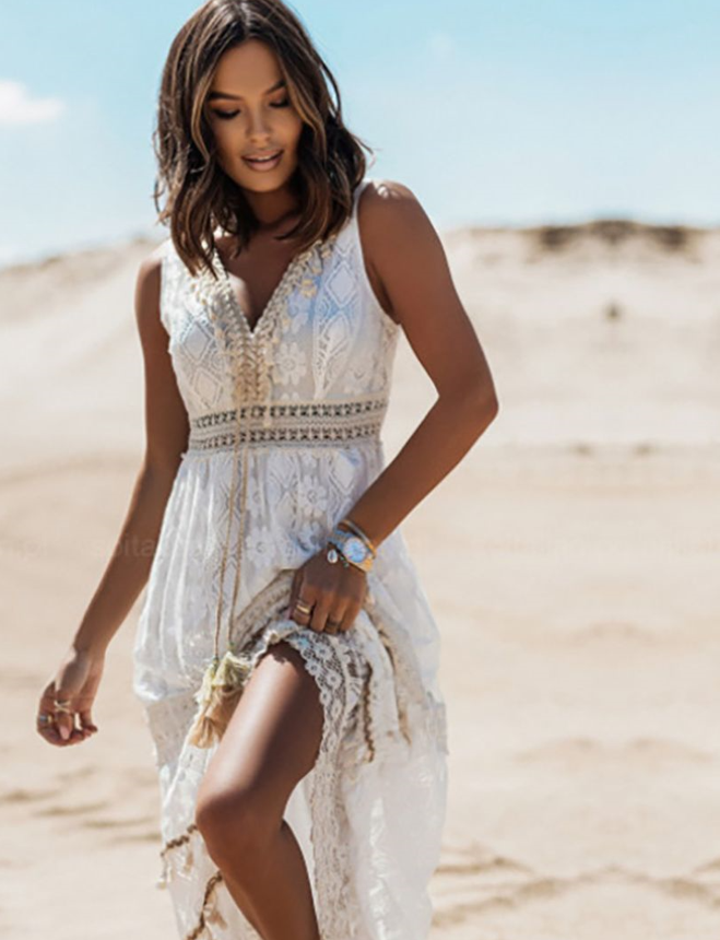 Maxikleid Damen Boho V-Ausschnitt Spitze