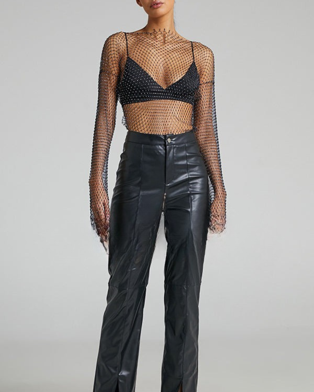 Damen-Top aus Diamant-Mesh mit Glockenärmeln