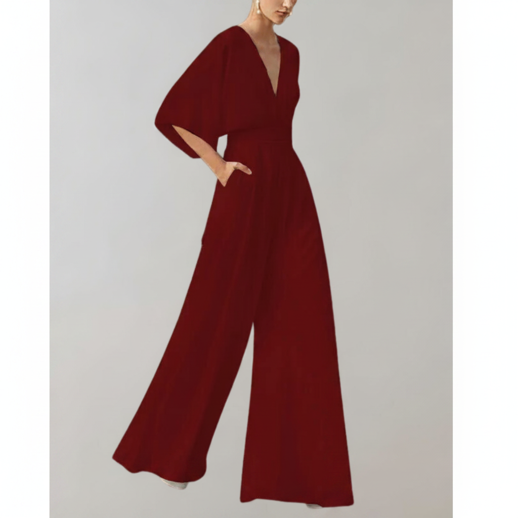 Jumpsuit mit V-Ausschnitt und weiten Ärmeln – elegante Damenmode