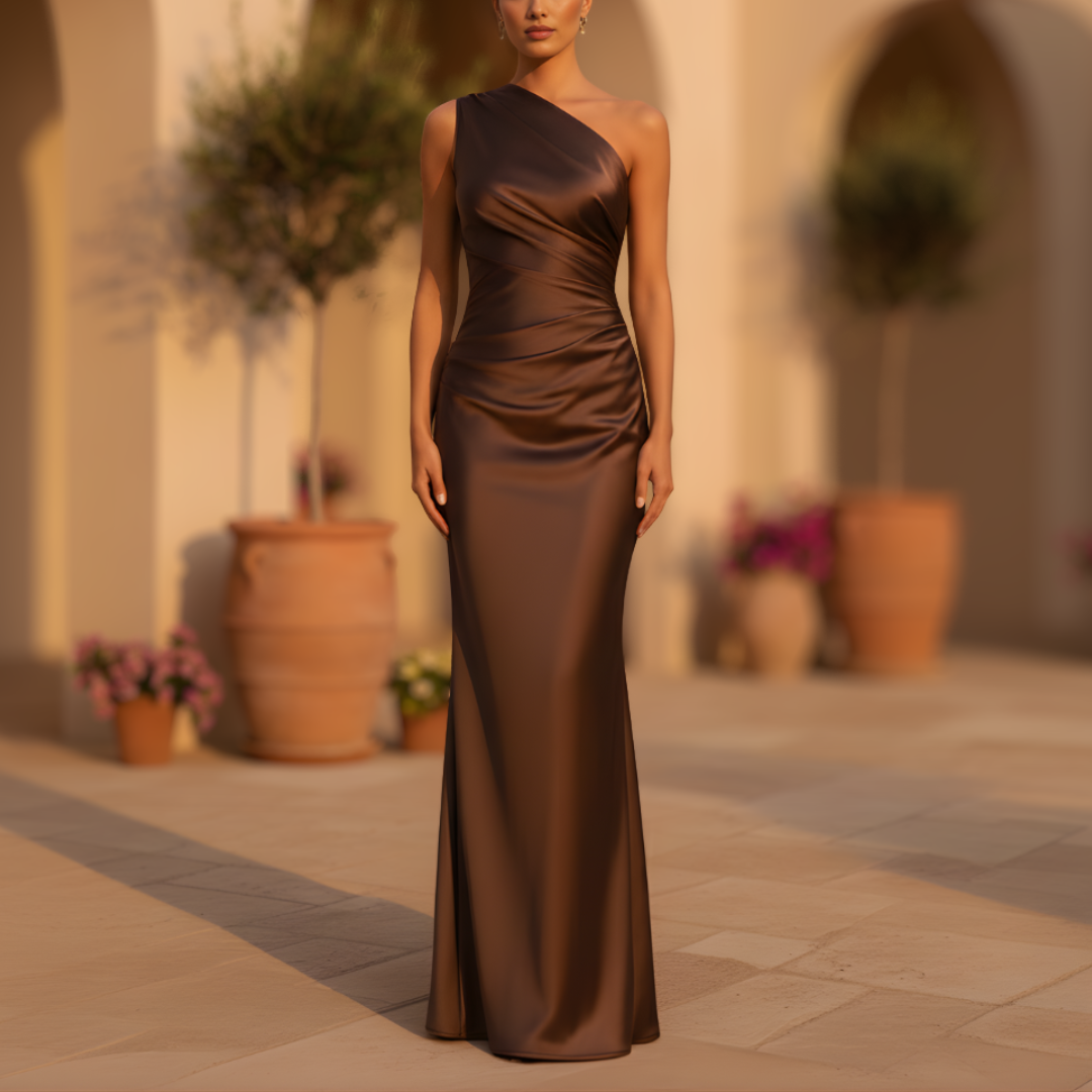 Isabella – One Shoulder Chocolate Brown Satin Evening Maxi Dress - Image 1