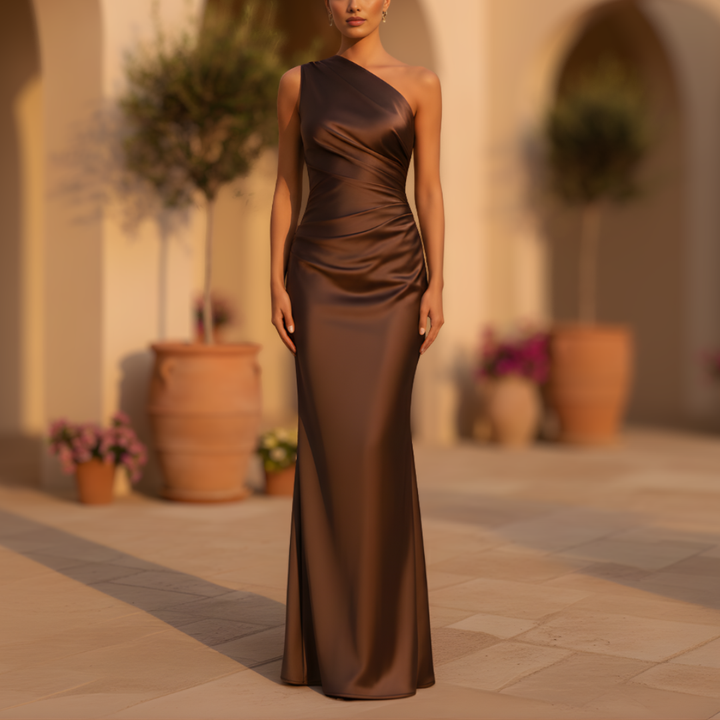 Isabella – One Shoulder Chocolate Brown Satin Evening Maxi Dress - Image 1
