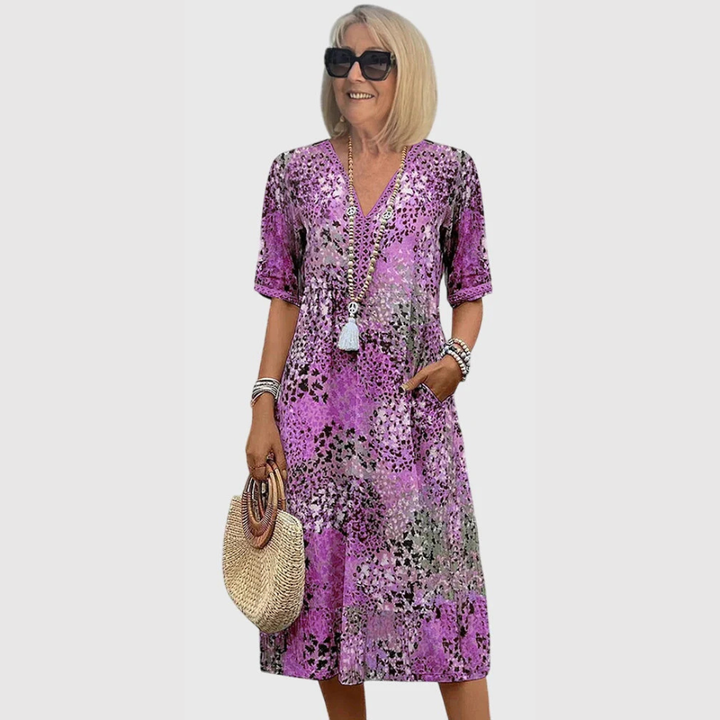 Maja | Damen Bedrucktes V-Ausschnitt Midi Kleid
