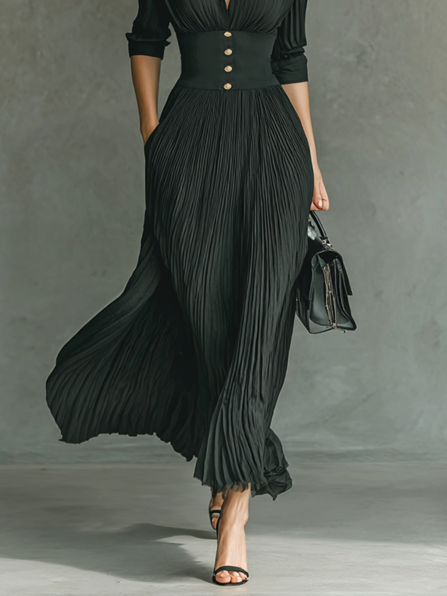 Damen-Maxikleid mit Reverskragen und Plissee-Gürtel