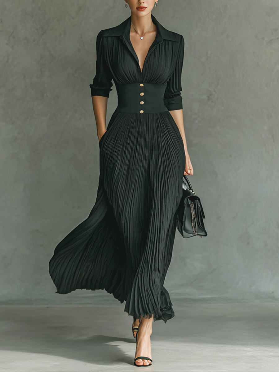Damen-Maxikleid mit Reverskragen und Plissee-Gürtel
