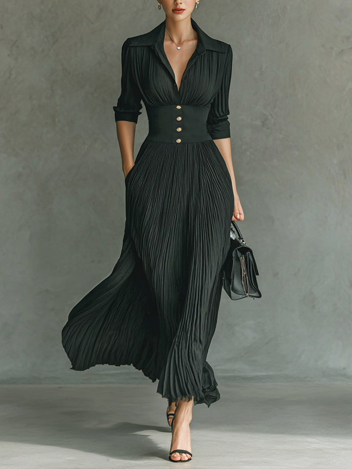 Damen-Maxikleid mit Reverskragen und Plissee-Gürtel