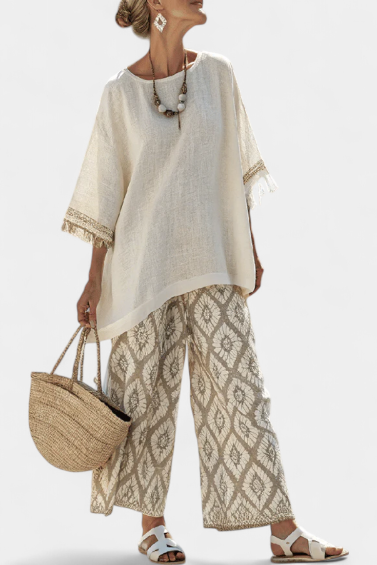 Renate | Damen Boho-Zweiteiler mit Weiten Hosenbeinen