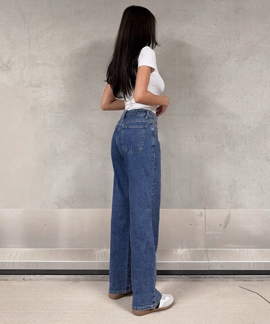 Stretch Straight Jeans Karo Glitzer Dunkelblau Ladypolitan ♡