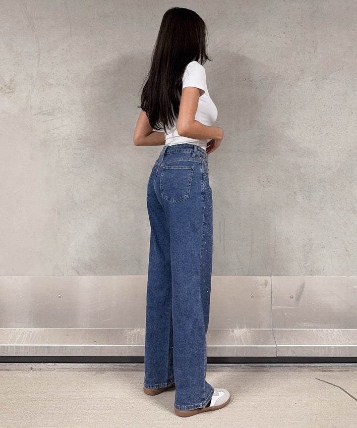 Stretch Straight Jeans Karo Glitzer Dunkelblau Ladypolitan ♡