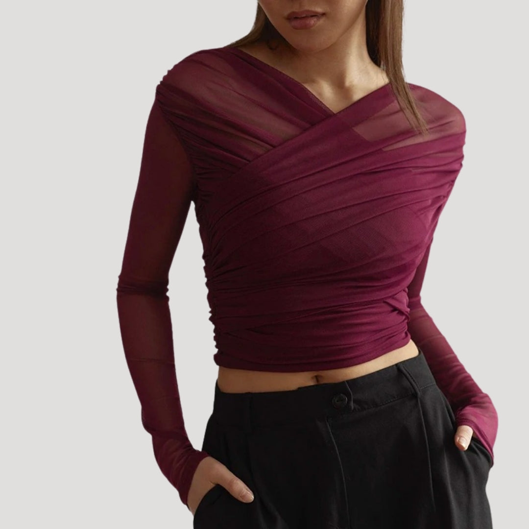 Sabina | Damen Frühlings Transparentes Wickel-Oberteil mit Langarm