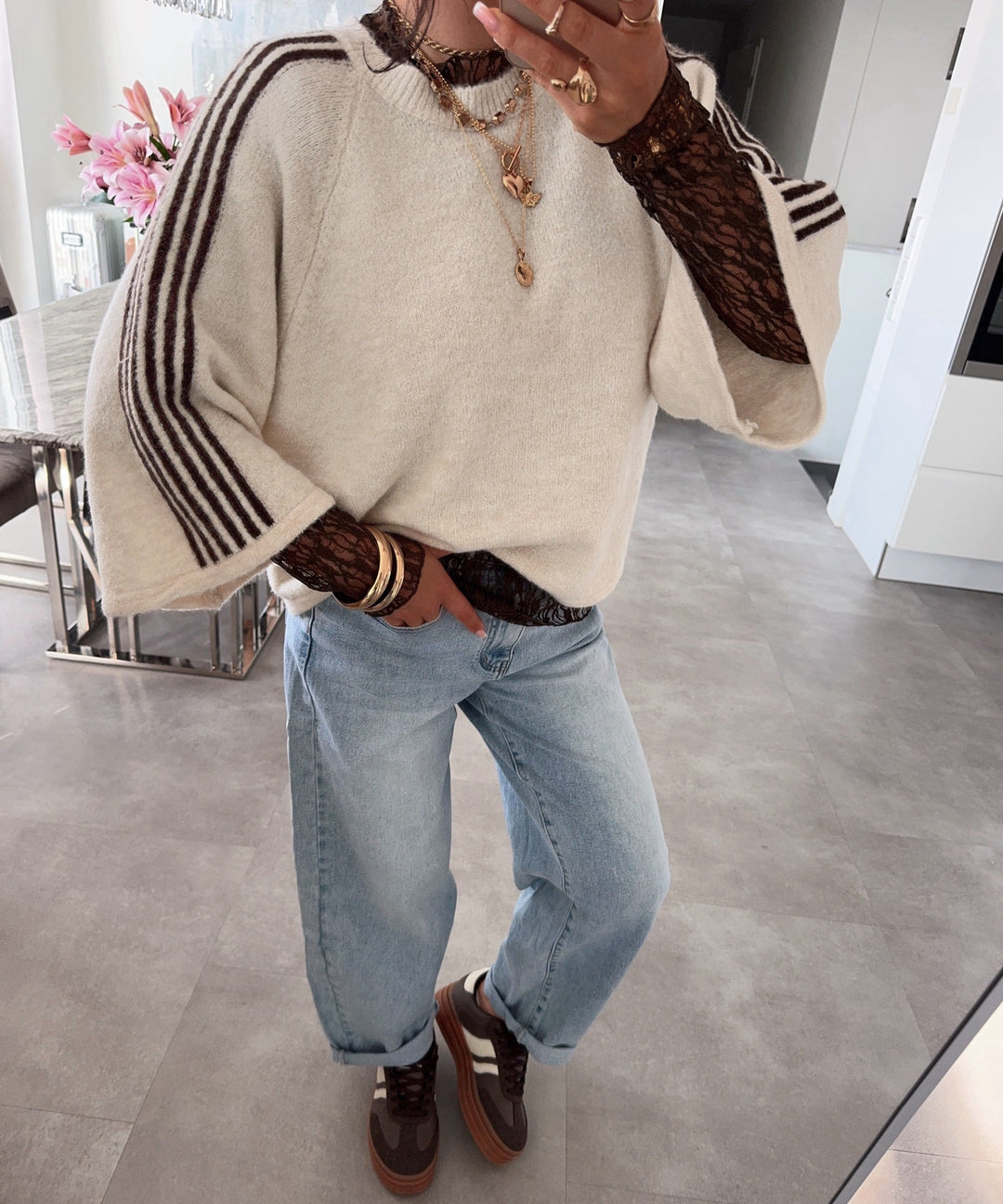Kurzarm Pullover Toni Streifen Beige
