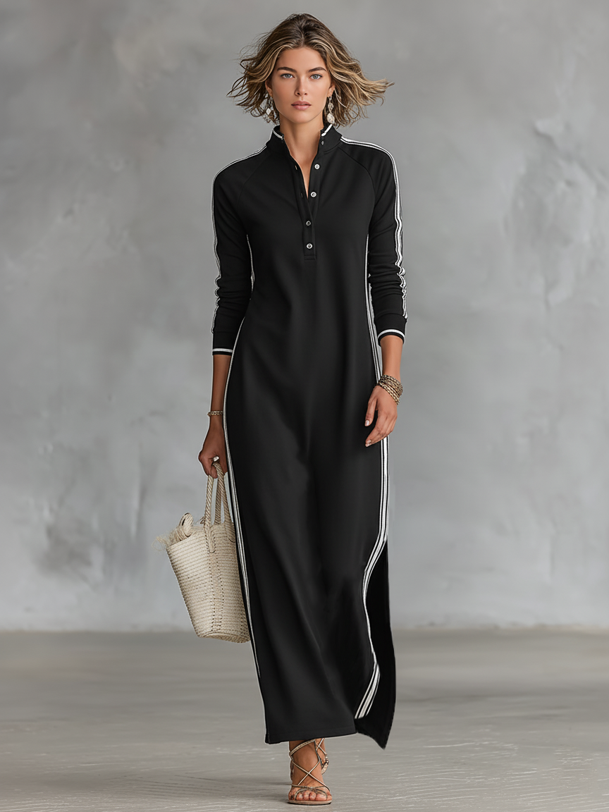 Damen-Maxi-Sweatkleid mit Knopfleiste und Kragen