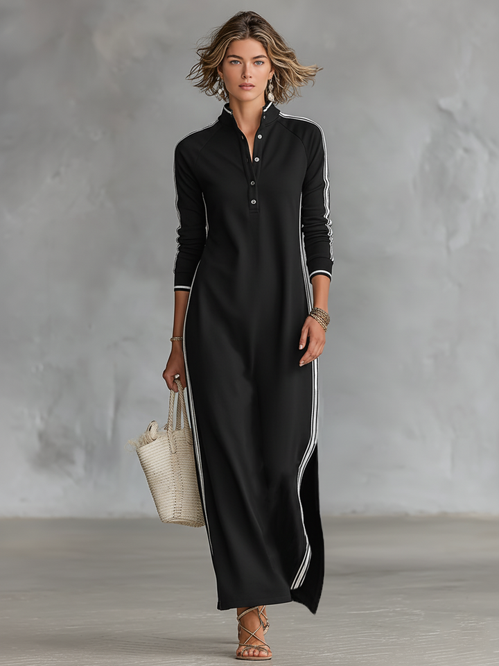Damen-Maxi-Sweatkleid mit Knopfleiste und Kragen