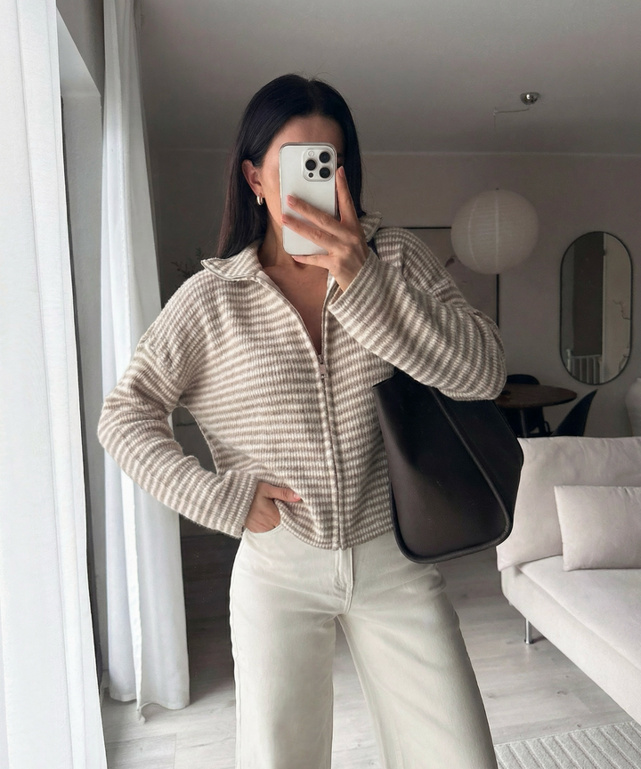 Zip Strickjacke Helena Streifen Taupe