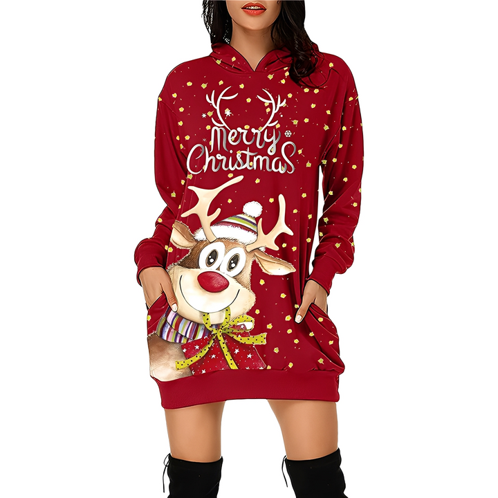 Georgia - Stilvolles Weihnachtskleid mit Kapuze für Damen mit Print
