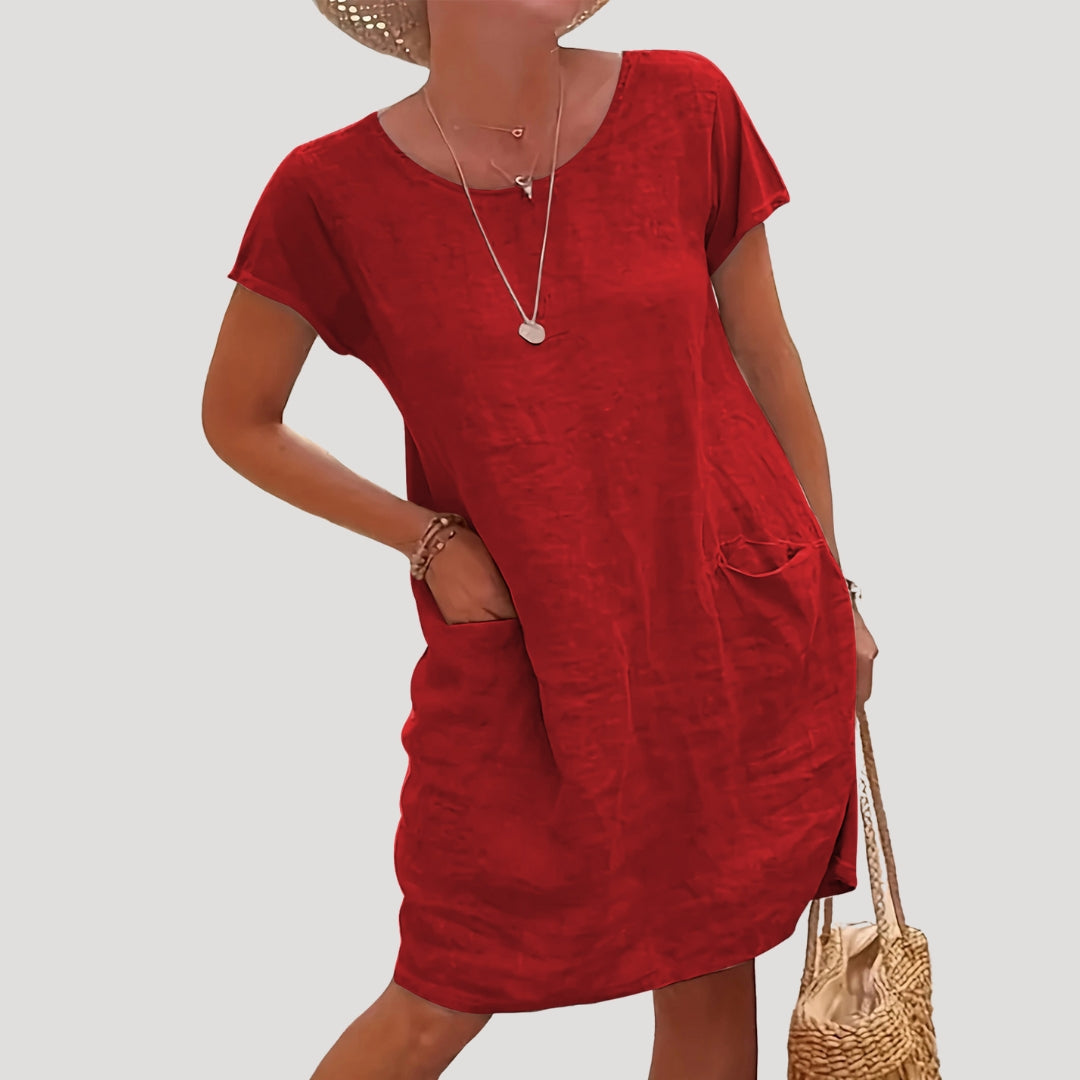 Damen-Leinenkleid in Midi-Länge mit kurzen Ärmeln
