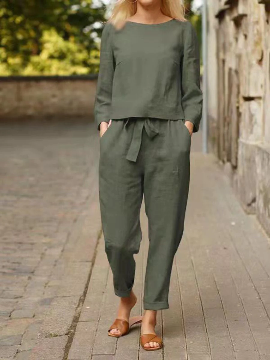 Ursula | Damen Freizeit-Set mit langärmligem Oberteil und Gürtelhose