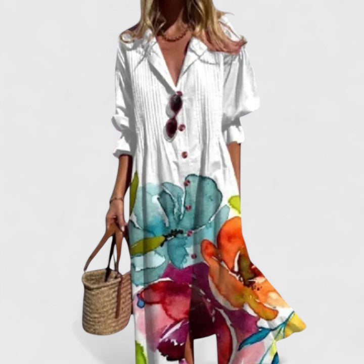 Edith | Damen Blumen Knopfleiste Vorne Midi Kleid