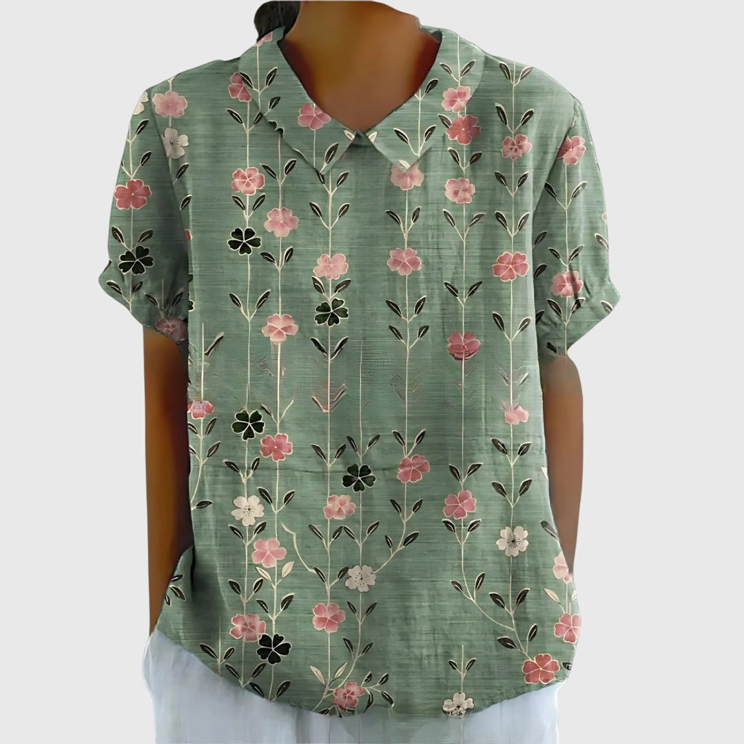 Elke | Damen Blumen Kragen Kurzarm Bluse