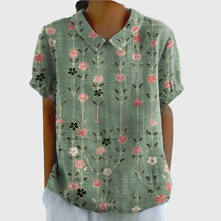 Elke | Damen Blumen Kragen Kurzarm Bluse