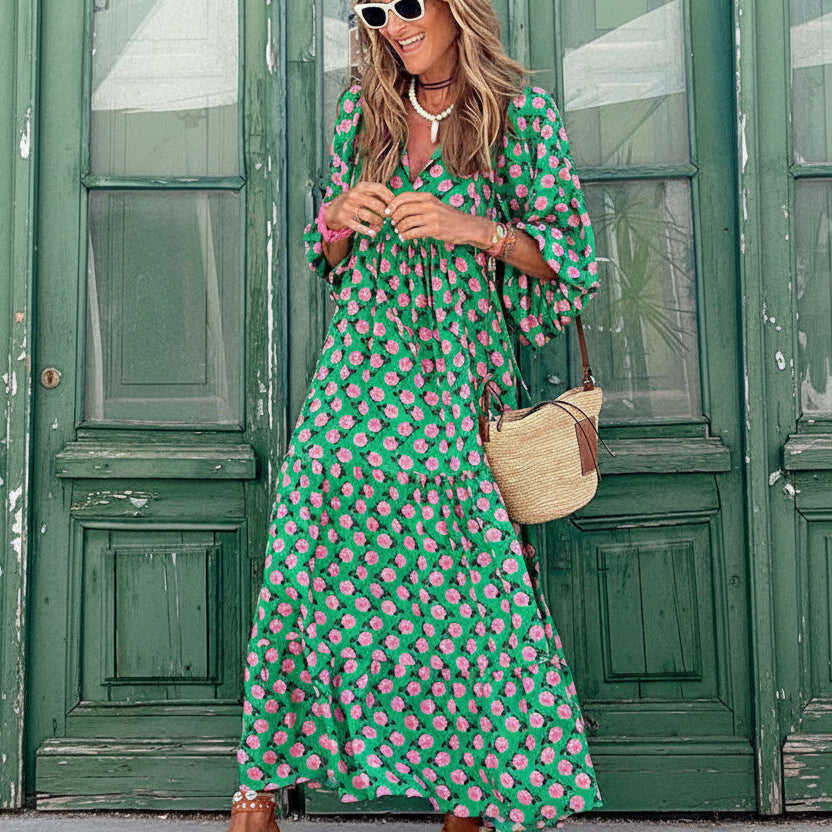 Midi-Kleid für Damen mit Puffärmeln und Stufenschnitt