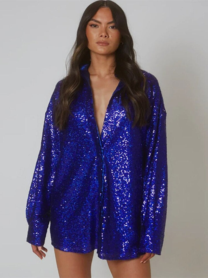 Damen Hemdbluse mit Paillettenbesatz Hemdkragen Langen Ärmeln und Knopfverschluss