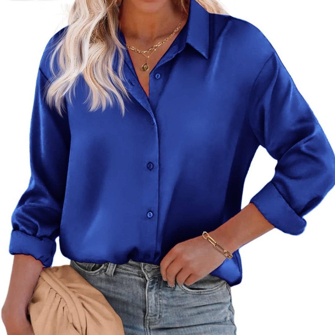 Damen Satinbluse Knopfverschluss Lange Ärmel