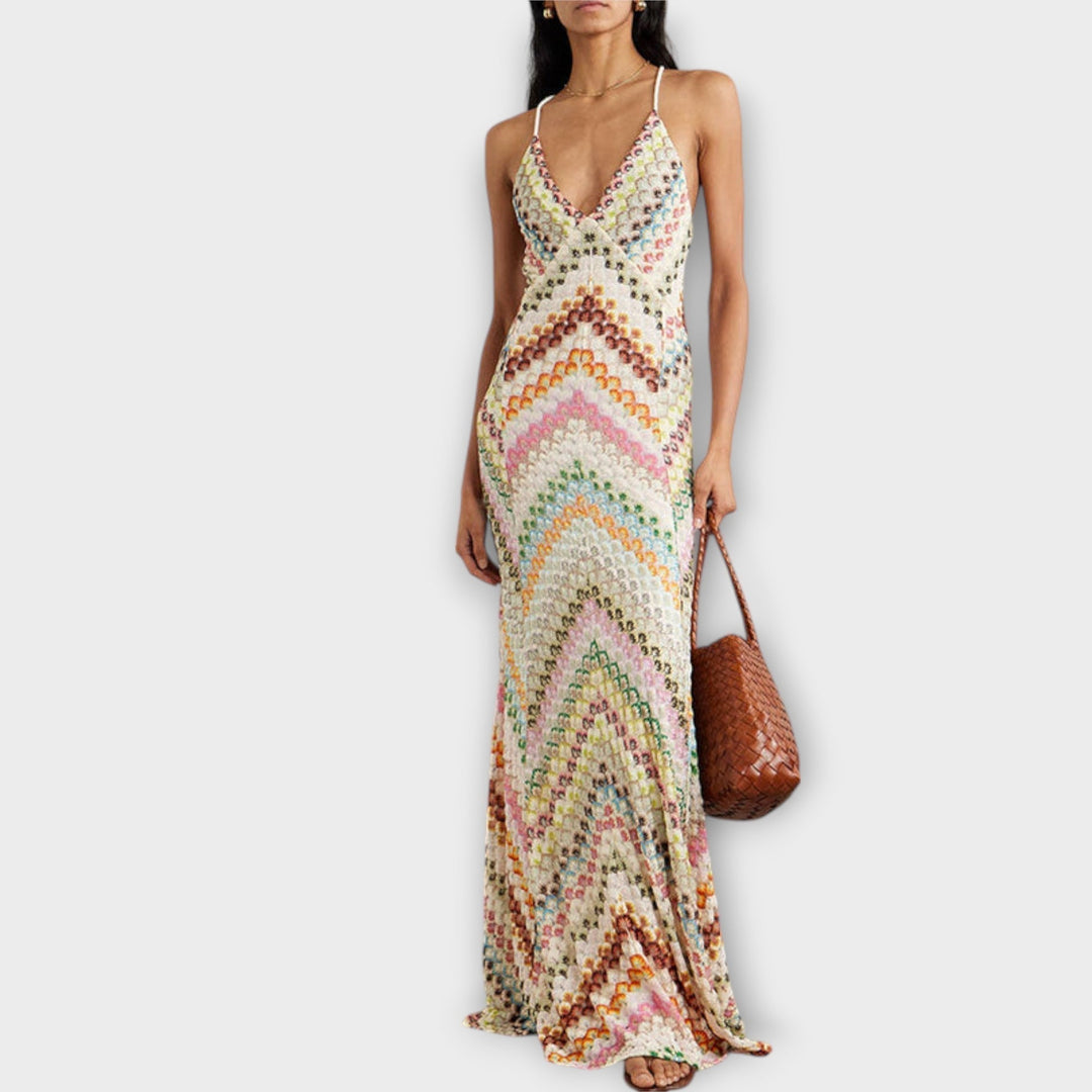 Buntes Fischgrätmuster Maxikleid – Strickkleid für Damen