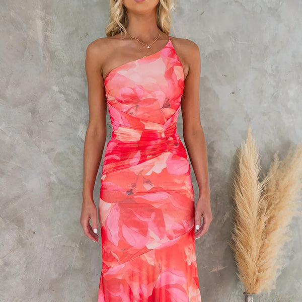 Damen-Maxikleid mit einem Träger und Blumenmuster
