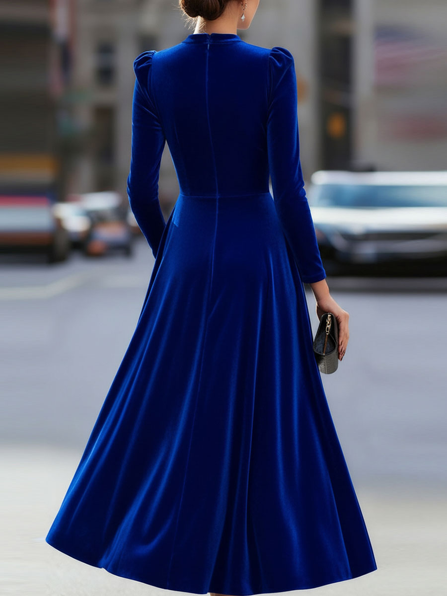Damen-Midi-Kleid aus marineblauem Samt mit langen Ärmeln