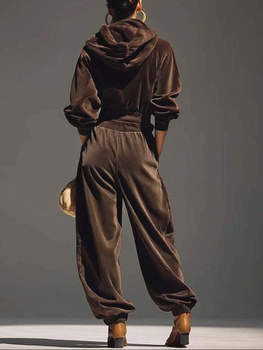 Damen-Set aus Samt-Hoodie und Hose mit Gürtel