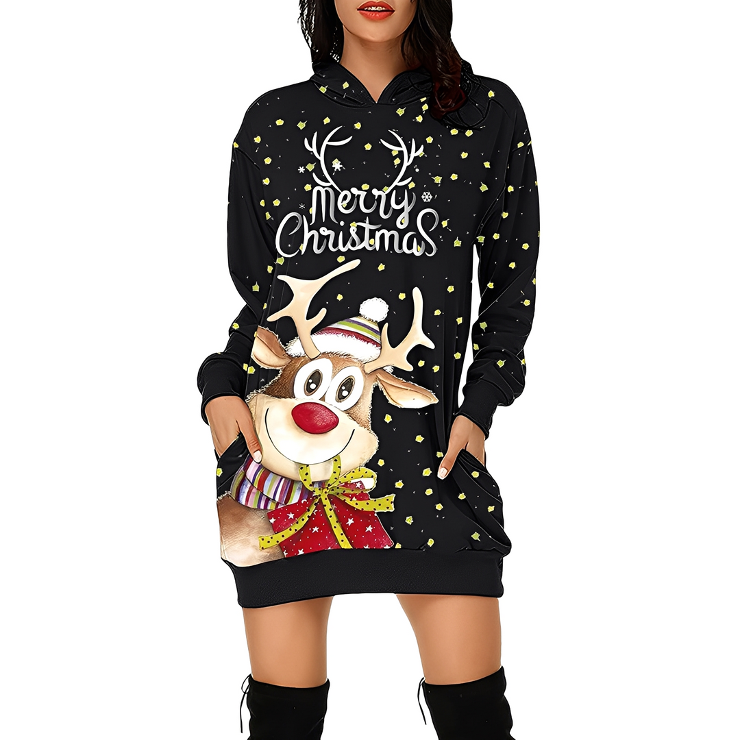 Georgia - Stilvolles Weihnachtskleid mit Kapuze für Damen mit Print