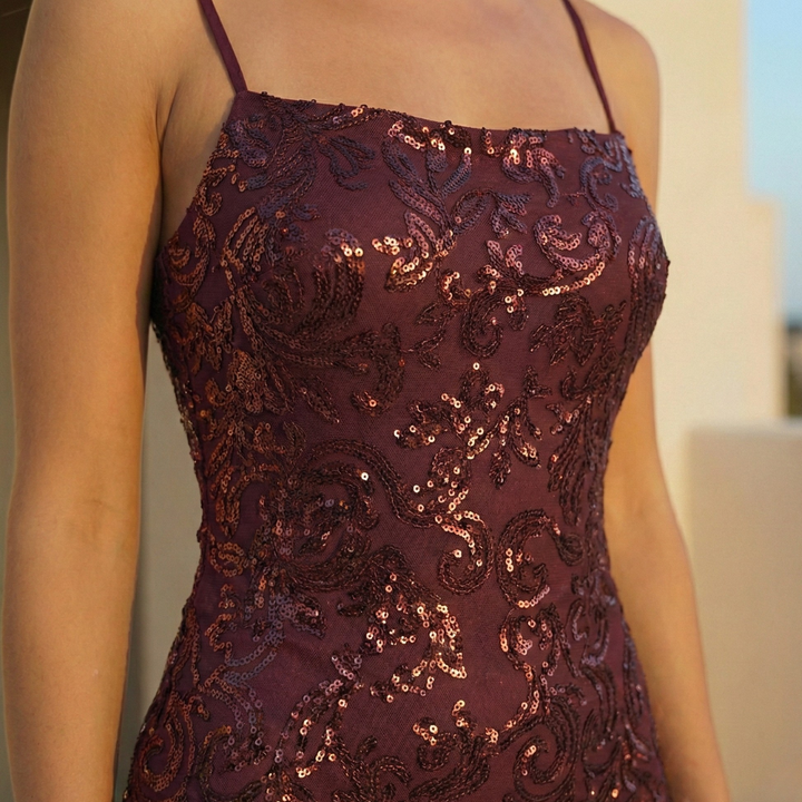 Charlotte – Sequin Burgundy Mini Dress Strappy Party - Image 8