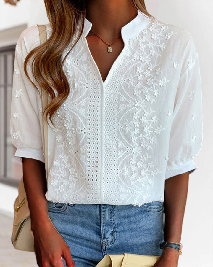 Susanne | Damen V-Ausschnitt Puffärmel Bluse