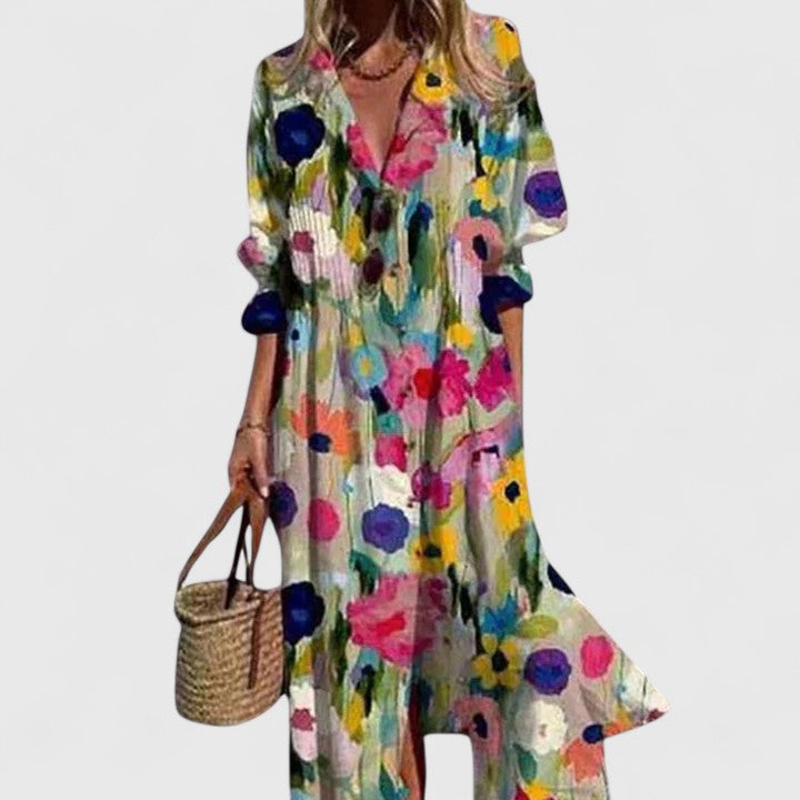 Edith | Damen Blumen Knopfleiste Vorne Midi Kleid