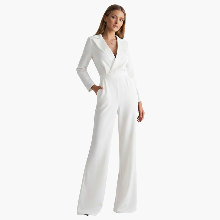 Jumpsuit langarm elegant für Damen – Hemdkragen & weite Beine