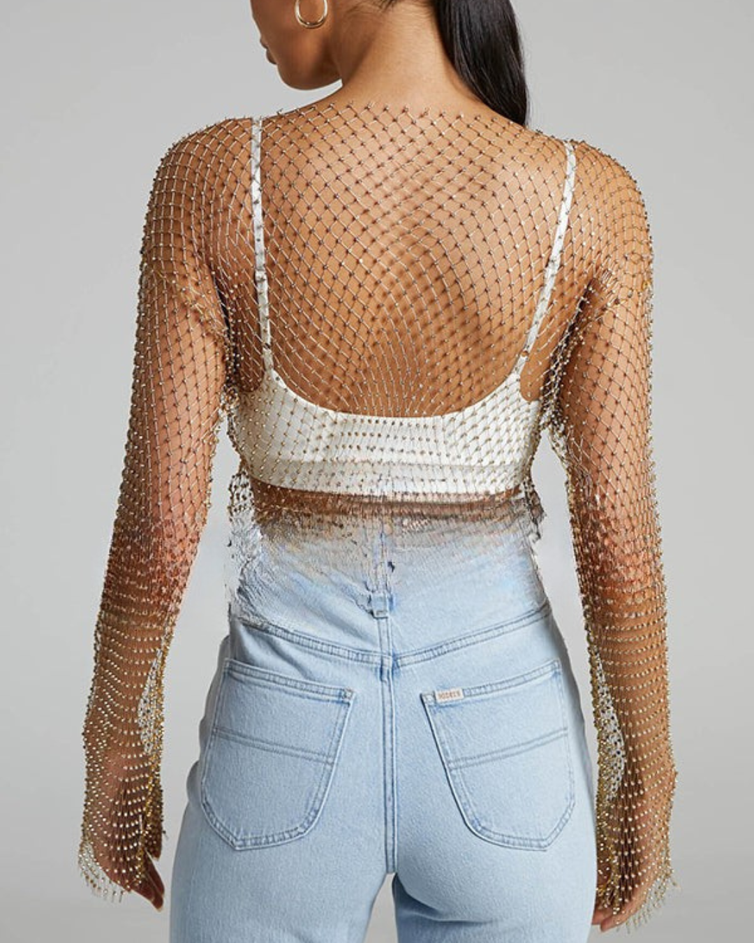 Damen-Top aus Diamant-Mesh mit Glockenärmeln
