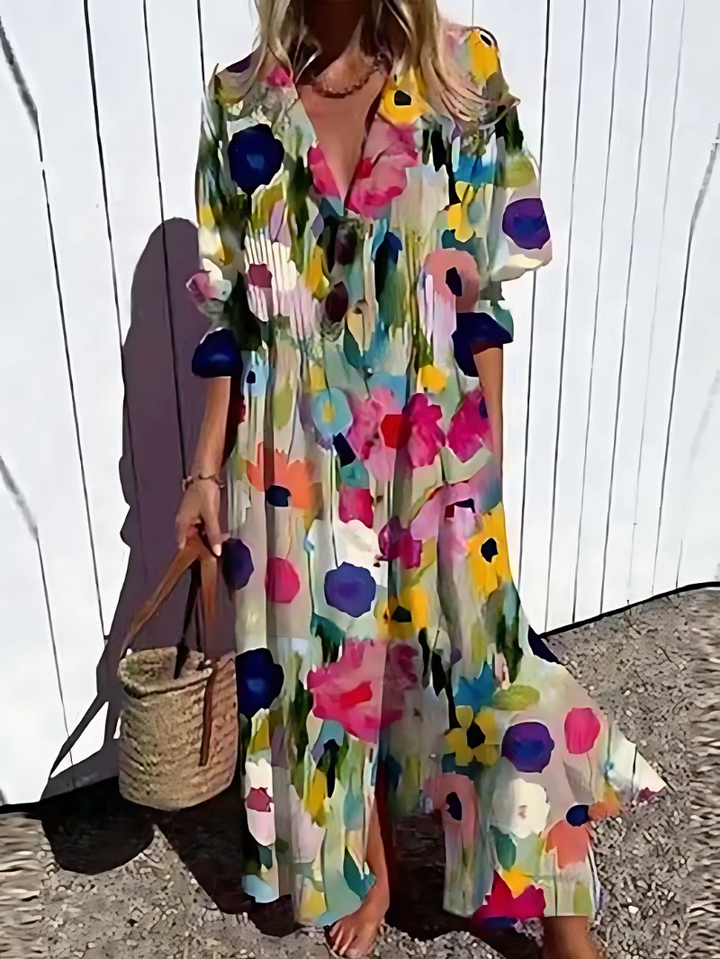 Damen Sommer Hemdblusen Maxi Kleid