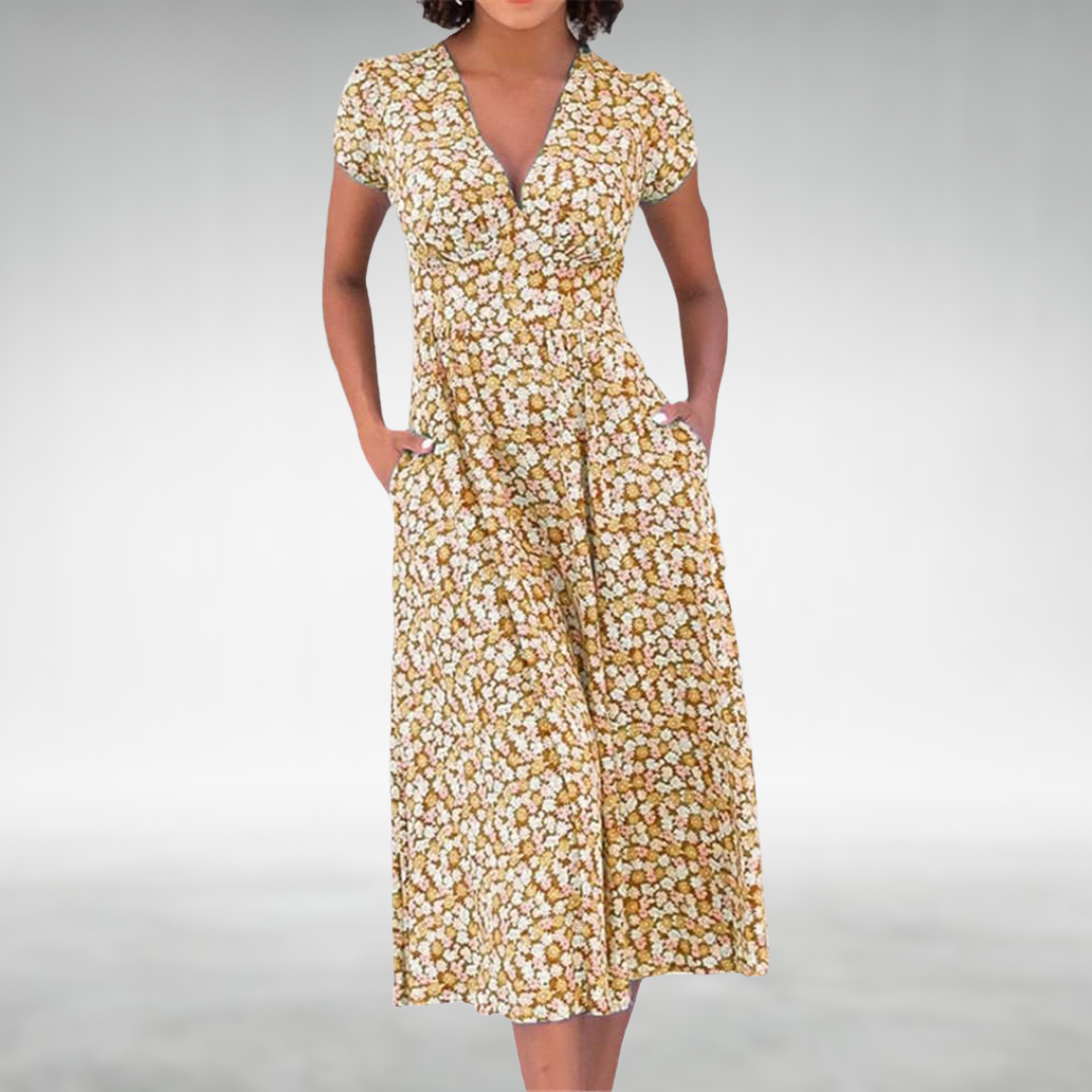 Julia | Damen Blumen V-Ausschnitt Midi Kleid mit Taschen