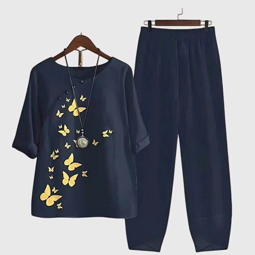 Veronika | Damen Lockeres Zweiteiliges Set mit Schmetterlings-Design