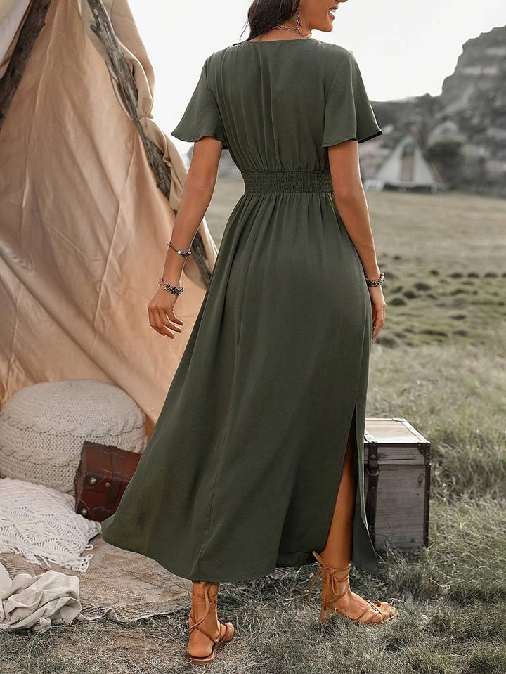 Damen Elegantes V-Ausschnitt Boho Maxi Kleid