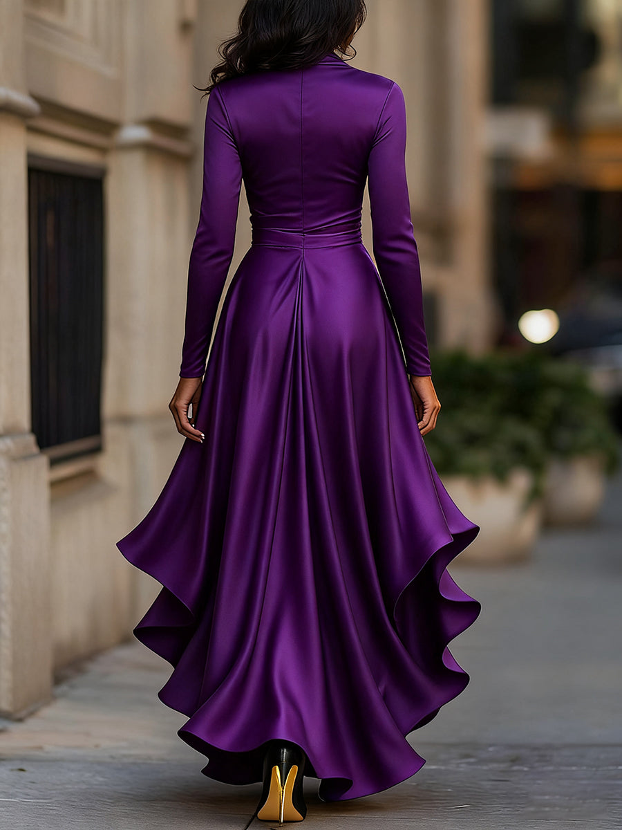 Satin-Maxikleid für Damen | Drapierte Rüschen, lange Ärmel